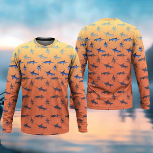 Swordfish Pattern Orange Fishing Shirt, Cute Fishing Outfits, SPF Shirt For Men, Men's Fishing Shirt