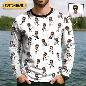 Funny Stick Figure Fishing Pose Custom Face SPF Shirt For Men, Funny Fishing Shirt, Fishing Shirts For Men