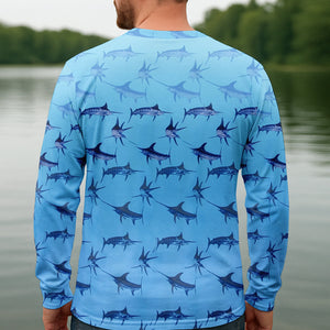 Swordfish Pattern Blue Fishing Shirt, Cute Fishing Outfits, SPF Shirt For Men, Men's Fishing Shirt