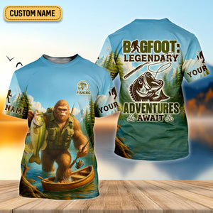 Bigfoot Legendary Adventures Await Bass Fishing Shirt, Funny Fishing Shirt, SPF Shirt, Female Fishing Shirts