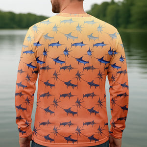 Swordfish Pattern Orange Fishing Shirt, Cute Fishing Outfits, SPF Shirt For Men, Men's Fishing Shirt