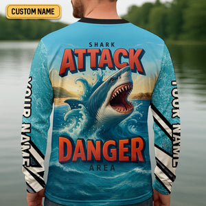 Shark Fishing SPF Shirts, Shark Attack Danger Area Fishing Shirts For Men, Funny Fisherman Gift
