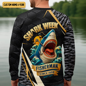 Shark Week Hexagon Pattern Black Fishing Shirt, SPF Shirt For Men, Men's Fishing Shirt