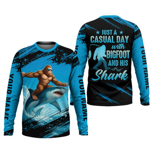 Just A Casual Day With Bigfoot And His Shark Fishing UPF Shirts, Funny Fishing Shirt, Presents For Fishermen