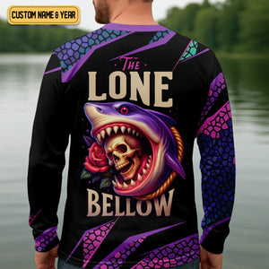 The Lone Below Shark And Skull Purple Fishing Shirt, SPF Shirt For Men, Men's Fishing Shirt