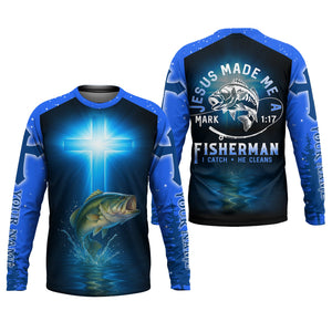 Jesus Made Me A Fisherman SPF Long Sleeve Shirts, Jesus Fishing Shirt, Fishing Shirts For Men