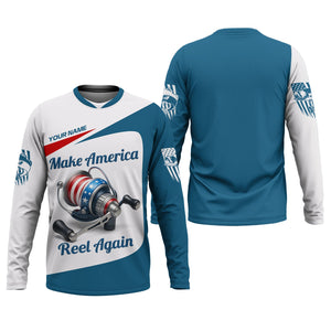 Make America Reel Again Patriotic Fishing Shirt, Performance Fishing Shirts, Fishing Shirts For Men