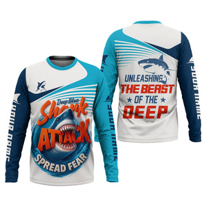 Deep Blue Shark Attack, Unleashing The Beast Of The Deep Fishing UPF Shirts, Mens Fishing Shirts Long Sleeve