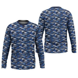 Blue Fish Pattern Performance Fishing Shirts, SPF Shirt For Men, Hooded Fishing Shirt, Fishing Shirts For Men