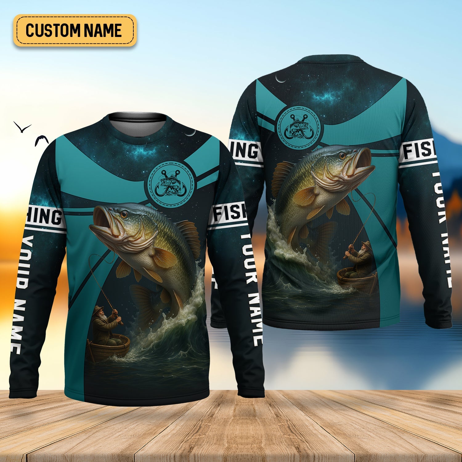 Teal Green Color Tournament Fishing Shirts, SPF Long Sleeve Shirts, Fishing Shirts For Men