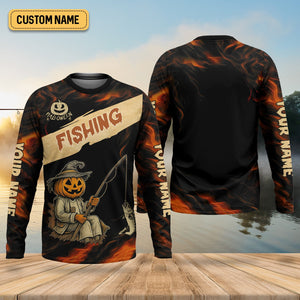Pumpkin Fishing SPF Shirt, Halloween Fishing Men Jersey, Funny Fishing Shirt, Presents For Fishermen