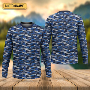 Blue Fish Pattern Performance Fishing Shirts, SPF Shirt For Men, Hooded Fishing Shirt, Fishing Shirts For Men