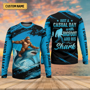 Just A Casual Day With Bigfoot And His Shark Fishing UPF Shirts, Funny Fishing Shirt, Presents For Fishermen