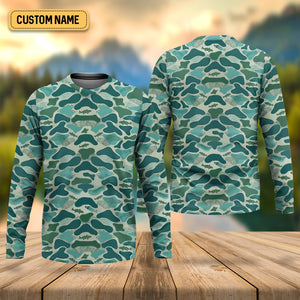 Green Camo Performance Fishing Shirts, SPF Shirt For Men, Hooded Fishing Shirt, Fishing Shirts For Men