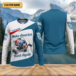 Make America Reel Again Patriotic Fishing Shirt, Performance Fishing Shirts, Fishing Shirts For Men