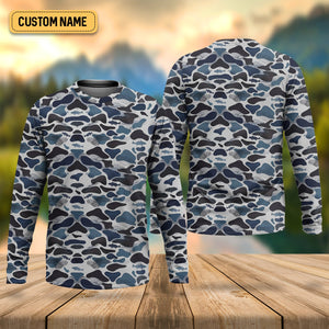 Blue Camo Performance Fishing Shirts, SPF Shirt For Men, Hooded Fishing Shirt, Fishing Shirts For Men