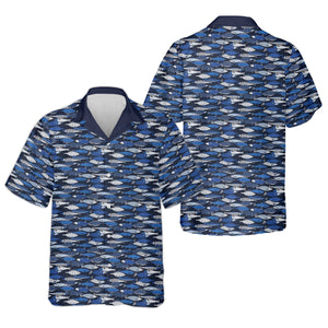 Blue Fish Pattern Performance Fishing Shirts, SPF Shirt For Men, Hooded Fishing Shirt, Fishing Shirts For Men