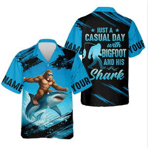 Just A Casual Day With Bigfoot And His Shark Fishing UPF Shirts, Funny Fishing Shirt, Women Fishing Shirt