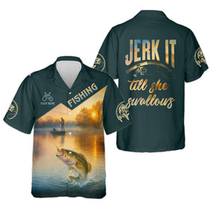 Jerk It Till She Swallows Fishing UV Shirts, Fish Shirt Funny, Fishing Jersey, Fishing Shirts For Men