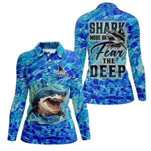 Shark Fishing UPF Shirts, Shark Mode On Fear The Deep, Women Fishing Shirt, SPF Long Sleeve Shirts Womens
