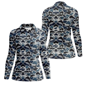 Blue Camo Performance Fishing Shirts, Fishing Shirt For Women, SPF Long Sleeve Shirts Womens
