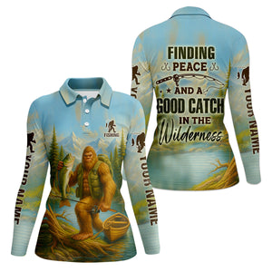 Finding Peace And A Good Catch In The Wilderness Bigfoot Fishing UPF Shirts, Funny Women Fishing Shirt