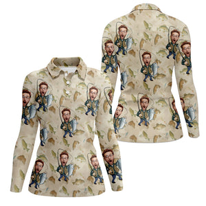 Custom Face Fisherwomen Female Fishing Shirts, SPF Long Sleeve Shirts Womens