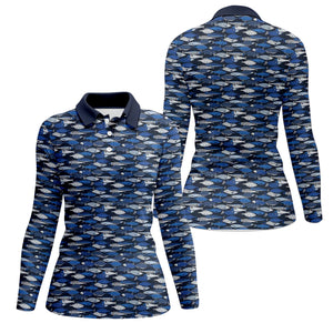 Blue Fish Pattern Performance Fishing Shirts, Fishing Shirt For Women, SPF Long Sleeve Shirts Womens