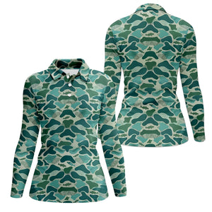 Green Camo Performance Fishing Shirts, Fishing Shirt For Women, SPF Long Sleeve Shirts Womens