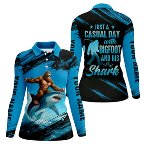 Just A Casual Day With Bigfoot And His Shark Fishing UPF Shirts, Funny Fishing Shirt, Women Fishing Shirt