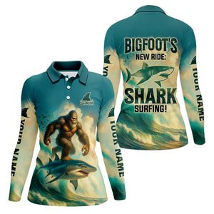 Bigfoot's New Ride Shark Surfing Fishing UPF Shirts, Funny Fishing Shirt, Women Fishing Shirt