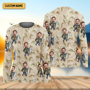 Custom Face Fisherwomen Female Fishing Shirts, SPF Long Sleeve Shirts Womens