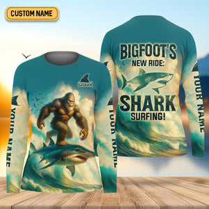Bigfoot's New Ride Shark Surfing Fishing UPF Shirts, Funny Fishing Shirt, Women Fishing Shirt