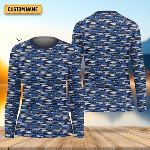 Blue Fish Pattern Performance Fishing Shirts, Fishing Shirt For Women, SPF Long Sleeve Shirts Womens