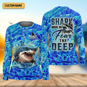 Shark Fishing UPF Shirts, Shark Mode On Fear The Deep, Women Fishing Shirt, SPF Long Sleeve Shirts Womens