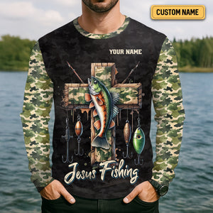 I Like Fishing And Believe In Jesus, Camo Fishing Shirt, Fishing UPF Shirts, Jesus Fishing Shirt, Gift For Fishermen