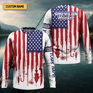 American Hooker Hooded UPF Shirt, American Flag Fish Shirt, Long Sleeve Fishing Shirts, Mens Casual Shirts