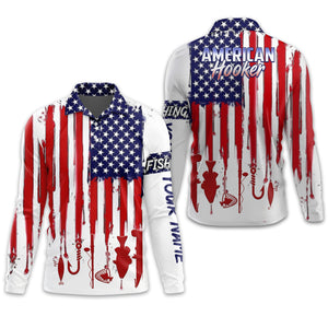 American Hooker Hooded UPF Shirt, American Flag Fish Shirt, Long Sleeve Fishing Shirts, Mens Casual Shirts
