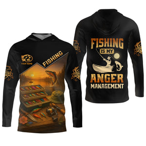 Fishing Is My Anger Management, Hooded UPF Shirt, UV Shirts For Men, Long Sleeve Fishing Shirts, Mens Casual Shirts