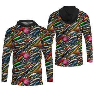 Colorful Fishing Lure SPF Shirts For Men, Long Sleeve Fishing Shirts, Hooded Sun Shirt, Mens Casual Shirts