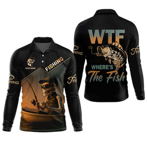 WTF Where's The Fish, Funny Skeleton Shirts, Fishing UV Shirts, Gag Gifts For Men, Mens Casual Shirts