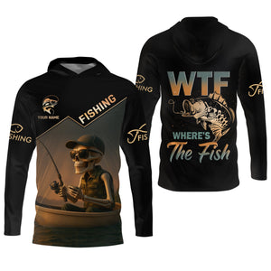 WTF Where's The Fish, Funny Skeleton Shirts, Fishing UV Shirts, Gag Gifts For Men, Mens Casual Shirts