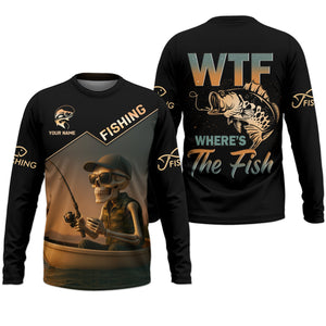 WTF Where's The Fish, Funny Skeleton Shirts, Fishing UV Shirts, Gag Gifts For Men, Mens Casual Shirts