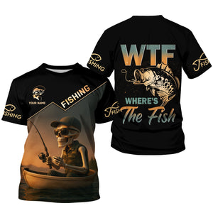 WTF Where's The Fish, Funny Skeleton Shirts, Fishing UV Shirts, Gag Gifts For Men, Mens Casual Shirts