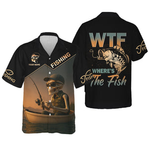 WTF Where's The Fish, Funny Skeleton Shirts, Fishing UV Shirts, Gag Gifts For Men, Mens Casual Shirts