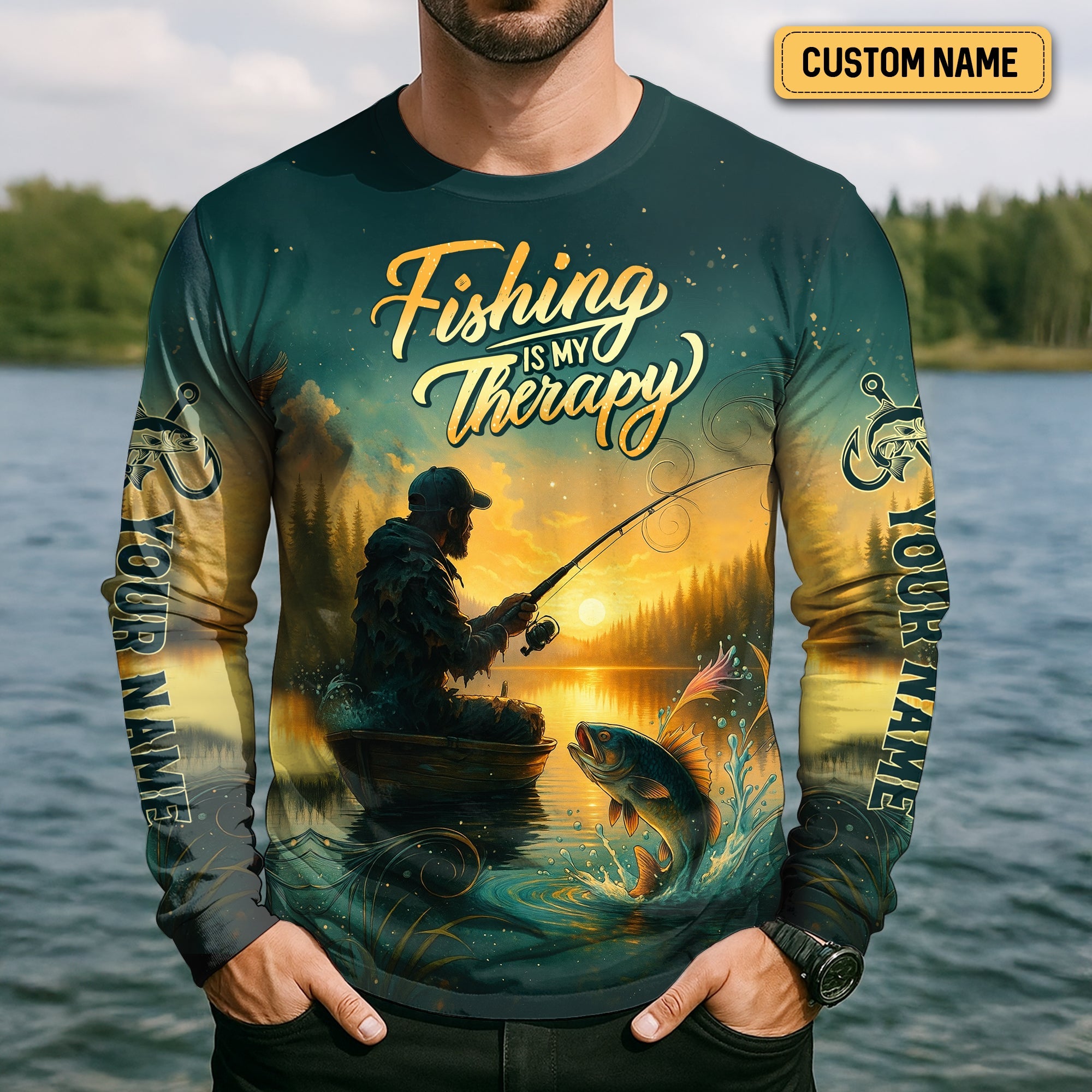 Fishing Is My Therapy, Long Sleeve Sun Shirt, SPF Shirts For Men, Gag Gifts For Men, Fishing Shirt For Men