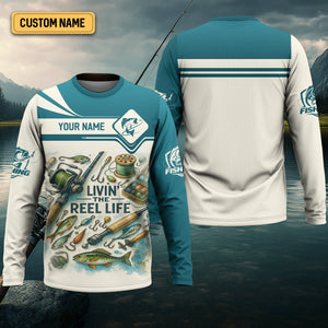 Living The Reel Life Fishing Shirts, Funny Fishing Shirts, Long Sleeve Sun Shirt, Fishing Gifts For Men