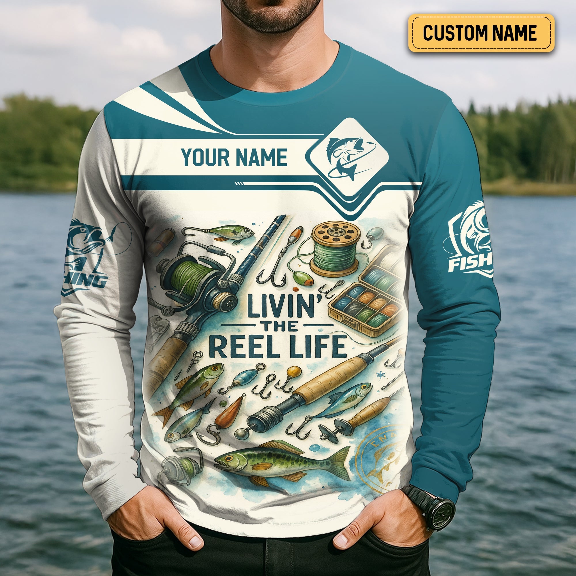 Living The Reel Life Fishing Shirts, Funny Fishing Shirts, Long Sleeve Sun Shirt, Fishing Gifts For Men