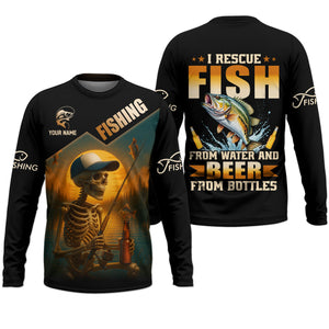 Fish And Beer, Skeleton Fishing, Funny Fishing Shirts, SPF Shirts For Men, Long Sleeve Tops