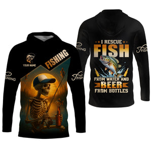 Fish And Beer, Skeleton Fishing, Funny Fishing Shirts, SPF Shirts For Men, Long Sleeve Tops